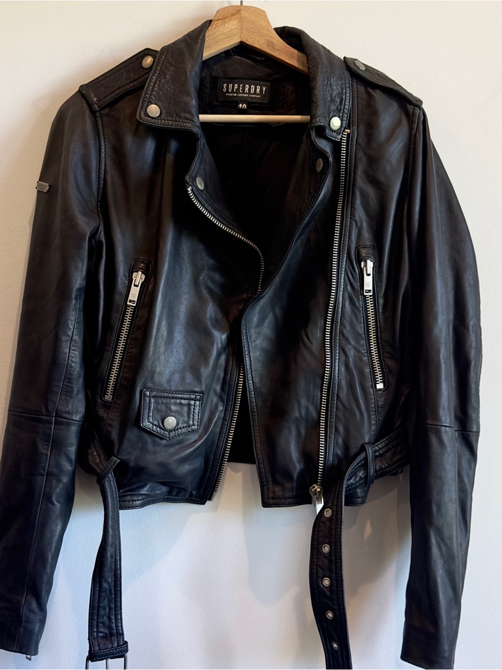 Superdry 100% Sheepskin Leather Moto Jacket Black Cropped Biker Women S - Picture 2 of 9